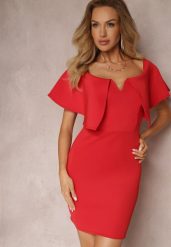 Czerwona Dopasowana Sukienka z Szeroką Falbaną Miskli. Czerwone sukienki Renee, m, bez wzorów, eleganckie, bez kołnierzyka, bez ramiączek, mini, dopasowane. W wyprzedaży za 91.99 zł.