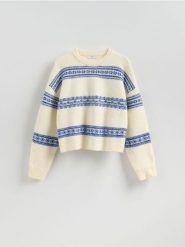 Sweter we wzory - niebieski. Niebieskie swetry Reserved, l, bez wzorów, z dzianiny, bez ramiączek. Za 129.99 zł.