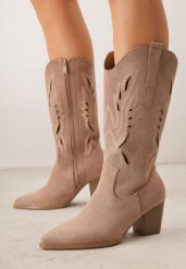 Ciemnobeżowe Ażurowe Botki Kowbojki VICES na Słupku Falenatea. Brązowe botki Renee, w ażurowe wzory, z jeansu, eleganckie, bez obcasa, na obcasie, bez zapięcia. Za 179.99 zł.