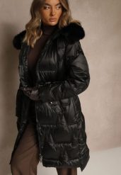 Czarna Długa Kurtka z Pikowanymi Przeszyciami i Kapturem Ściągana w Talii Galeatia. Czarne kurtki Renee, l, bez wzorów, z jeansu, eleganckie. Za 269.99 zł.