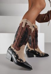 Czarne Botki Kowbojki na Stożku z Tłoczoną Cholewką Badilora. Czarne botki Renee, bez wzorów, z jeansu, bez obcasa, na obcasie, bez zapięcia. Za 129.99 zł.