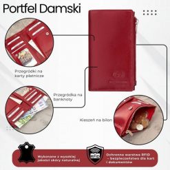 Portfel damski skórzany duży czerwony z ochroną RFID Paolo Peruzzi T-140-RD. Czerwone portfele PAOLO PERUZZI, bez wzorów, ze skóry. Za 74.00 zł.