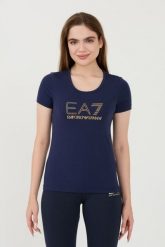 EA7 Granatowy damski t-shirt z cyrkoniami, Rozmiar S. Niebieskie t-shirty EA7 Emporio Armani, s, bez wzorów, bez kołnierzyka, bez ramiączek. W wyprzedaży za 292.99 zł.