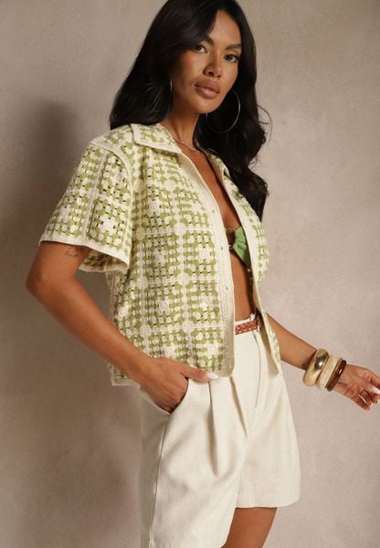 Zielona Koszula z Bawełny Ozdobiona Geometrycznym Wzorem Melundria. Zielone koszule Renee, uniwersalny, bez wzorów, z bawełny, eleganckie, bez kołnierzyka, bez ramiączek. Za 99.99 zł.