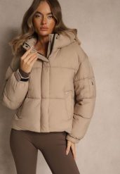 Beżowa Kurtka Puffer z Pikowaniem Kapturem i Kieszonką przy Rękawie Galeida. Brązowe kurtki Renee, l, bez wzorów, z jeansu. Za 179.99 zł.