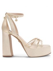 Nine West Sandały AAHIDA ZL23002CC Złoty. Żółte sandały Nine West, bez wzorów, ze skóry, bez obcasa, na słupku, bez zapięcia. Za 249.99 zł.
