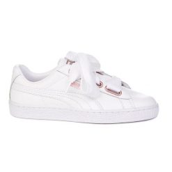PUMA Basket Heart Leather Wns ZLN 0354 – Białe skórzane trampki. Białe trampki sportowe Puma, bez wzorów, bez zapięcia, do biegania. Za 268.99 zł.