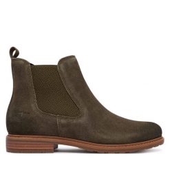 Sztyblety Tamaris. Zielone botki Tamaris, bez wzorów, bez obcasa, na płaskiej podeszwie, bez zapięcia. Za 474.99 zł.