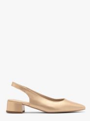 Złote czółenka damskie z otwartą piętą typu slingback ELIZABETH. Żółte czółenka Ryłko, bez wzorów, z gumy, z otwartym noskiem, bez obcasa, na obcasie, bez zapięcia. Za 379.99 zł.