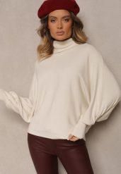 Jasnobeżowy Golf z Wiskozą o Kroju Nietoperza Ozdobiony Ściągaczami Melleti. Brązowe swetry Renee, m, bez wzorów, z wiskozy, eleganckie, bez ramiączek. W wyprzedaży za 63.99 zł.