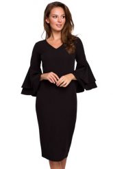 Sukienka elegancka wieczorowa midi z bufiastymi rękawami czarna. Czarne sukienki Makover, xl, bez wzorów, eleganckie, bez kołnierzyka, bez ramiączek, midi, dopasowane. Za 289.00 zł.