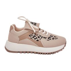 Buty Sportowe Sneakersy Damskie Na Platformie Panterka Beżowe beżowy. Brązowe buty treningowe bez wzorów, bez zapięcia, trekkingowe. Za 163.66 zł.