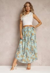 Miętowa Spódnica Ozdobiona Plisami z Gumką w Pasie i Elastyczną Podszewką Vislo. Zielone spódnice Renee, bez wzorów, boho, maxi, rozkloszowane. Za 69.99 zł.