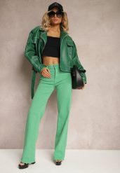 Zielone Szerokie Jeansy z Bawełnianej Tkaniny Plumeti High Waist Rrisa. Zielone jeansy Renee, s, bez wzorów, z bawełny, boho, z podwyższonym stanem, krótkie. W wyprzedaży za 53.99 zł.