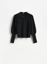 Sweter z domieszką wełny - czarny. Czarne swetry Reserved, l, bez wzorów, z dzianiny, bez ramiączek. Za 139.99 zł.