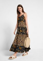 Sukienka maxi z falbanami. Czarne sukienki bonprix, bez wzorów, bez kołnierzyka, bez ramiączek, maxi. Za 124.99 zł.