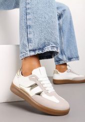 Biało-Złote Sneakersy Tenisówki na Kauczukowej Podeszwie Ondriama. Białe trampki Born2be, bez wzorów, z kauczuku, eleganckie, bez zapięcia. W wyprzedaży za 76.49 zł.