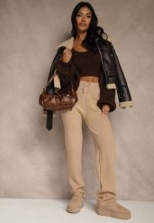 Ciemnobeżowe Spodnie z Wełną ze Sznurkiem i Ozdobnymi Kieszeniami Moneressa. Brązowe jeansy Renee, l, bez wzorów, z jeansu. Za 69.99 zł.