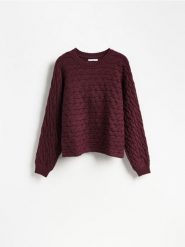 Sweter z warkoczowym splotem - bordowy. Czerwone swetry Reserved, l, bez wzorów, z dzianiny, bez ramiączek. Za 119.99 zł.