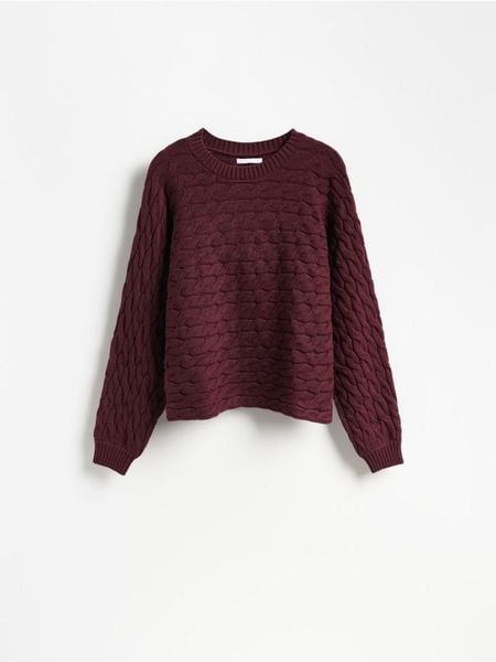 Sweter z warkoczowym splotem - bordowy. Czerwone swetry Reserved, l, bez wzorów, z dzianiny, bez ramiączek. Za 119.99 zł.