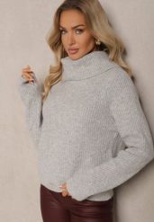 Jasnoszary Klasyczny Golf z Wełną i Obszernym Kołnierzem Zemilda. Szare swetry Renee, bez wzorów, z wełny, eleganckie, bez ramiączek. W wyprzedaży za 127.99 zł.