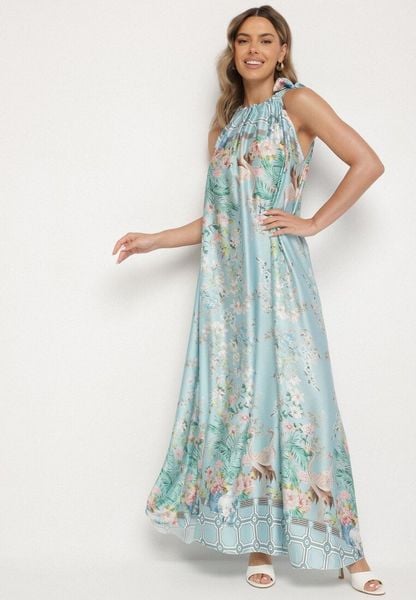 Jasnozielona Satynowa Sukienka w Kwiaty z Ozdobnym Wiązaniem Fenasella. Zielone sukienki Born2be, na co dzień, bez wzorów, z satyny, eleganckie, bez kołnierzyka, bez ramiączek, proste. Za 159.99 zł.