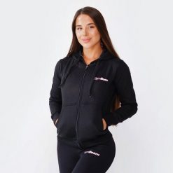 Bluza damska fitness z kapturem czarna Zipper Hoodie. Czarne bluzy GYMBEAM, l, bez wzorów, z bawełny, bez ramiączek, z kapturem. Za 109.90 zł.
