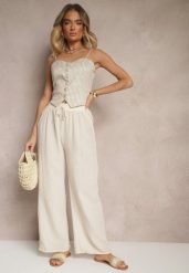 Jasnobeżowe Spodnie o Szerokim Kroju High Waist Edilisea. Brązowe jeansy Renee, l, bez wzorów, z jeansu, biznesowe, z podwyższonym stanem. W wyprzedaży za 39.99 zł.