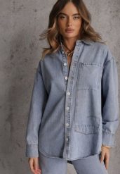 Niebieska Jeansowa Koszula z Bawełną z Przeszyciami Nekki. Niebieskie koszule Renee, l, bez wzorów, z bawełny, bez kołnierzyka, bez ramiączek. Za 149.99 zł.