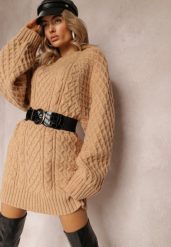 Beżowy Długi Sweter Ozdobiony Drobnym Splotem Killoe. Brązowe swetry Renee, bez wzorów, z jeansu, casualowe, bez ramiączek. W wyprzedaży za 127.99 zł.
