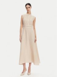 ICONA Sukienka letnia RP5LE007 Beżowy Regular Fit. Brązowe sukienki ICONA, bez wzorów, ze lnu, bez kołnierzyka, bez ramiączek. Za 879.99 zł.