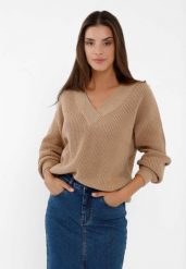 Sweter oversize S-VIDA. Brązowe swetry Volcano, l, bez wzorów, z bawełny, wizytowe, bez ramiączek. Za 159.99 zł.