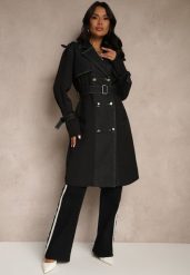 Czarny Płaszcz z Bawełną Typu Trencz z Jeansowymi Wstawkami Felsedi. Czarne płaszcze Renee, l, bez wzorów, z bawełny, eleganckie, bez kaptura. Za 199.99 zł.