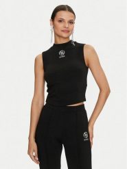 Guess Bluzka Elea V4YP04 KCDN0 Czarny Regular Fit. Czarne bluzki Guess, l, z aplikacjami, z wiskozy, bez kołnierzyka, bez ramiączek. Za 229.99 zł.