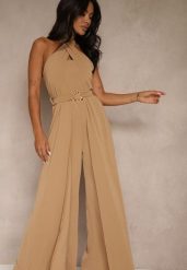 Ciemnobeżowy Kombinezon Koktajlowy Ozdobiony Paskiem z Metaliczną Klamrą Zermira. Brązowe sukienki Renee, na co dzień, m, bez wzorów, eleganckie, bez kołnierzyka, bez ramiączek, proste. Za 179.99 zł.