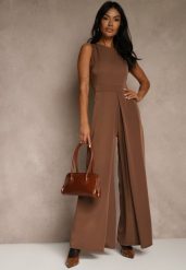 Brązowy Taliowany Kombinezon Ozdobiony Zakładkami Berinola. Brązowe sukienki Renee, l, bez wzorów, eleganckie, bez kołnierzyka, bez ramiączek, oversize. Za 149.99 zł.