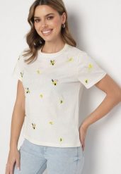 Beżowy T-shirt z Bawełny Ozdobiony Haftem Hiraviel. Brązowe t-shirty Born2be, m, bez wzorów, z bawełny, bez kołnierzyka, bez ramiączek. Za 119.99 zł.