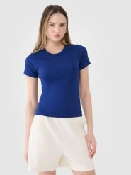 4F T-shirt slim z prążkowanej dzianiny damski - granatowy XXL. Niebieskie t-shirty 4f, xs, bez wzorów, z bawełny, klasyczne, bez kołnierzyka, bez ramiączek. W wyprzedaży za 39.99 zł.
