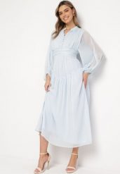 Jasnoniebieska Długa Sukienka Koktajlowa w Stylu Retro z Plisami i Stójką Leowia. Niebieskie sukienki Born2be, l, bez wzorów, retro, bez kołnierzyka, bez ramiączek, maxi. W wyprzedaży za 149.99 zł.
