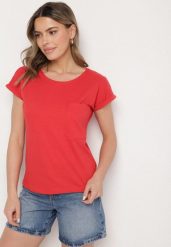 Czerwony T-shirt z Bawełny Ozdobiony Kieszonką Ziarene. Czerwone t-shirty sportowe Born2be, l, bez wzorów, z bawełny, bez ramiączek. W wyprzedaży za 25.49 zł.