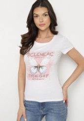 Biały Bawełniany T-shirt z Nadrukiem Motyla i Cyrkoniami Uliriela. Białe t-shirty Born2be, l, bez wzorów, z bawełny, klasyczne, bez kołnierzyka, bez ramiączek. W wyprzedaży za 33.99 zł.