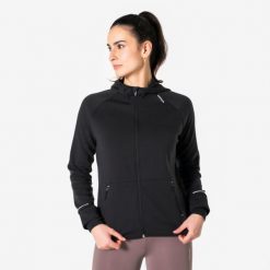 Bluza do biegania damska Kiprun Run 500 Warm ocieplana. Czarne bluzy KIPRUN, na zimę, l, bez wzorów, z materiału, bez kaptura, do biegania. Za 159.99 zł.