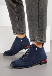 Granatowe Botki Typu Trzewiki Vices Implie. Niebieskie botki Born2be, bez wzorów, z jeansu, eleganckie, bez obcasa, na płaskiej podeszwie, bez zapięcia. Za 109.99 zł.