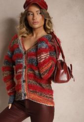 Pomarańczowo-Granatowy Rozpinany Kardigan z Wiskozą i Wełną w Paski Esamara. Brązowe swetry Renee, bez wzorów, z jeansu, eleganckie, bez ramiączek. W wyprzedaży za 55.99 zł.