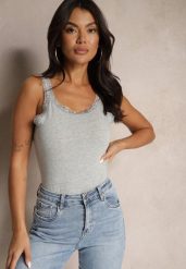 Ciemnoszary Bawełniany Top z Ozdobną Koronką Ariseth. Szare topy Renee, l, bez wzorów, z bawełny, eleganckie, bez kołnierzyka, bez ramiączek. W wyprzedaży za 15.99 zł.