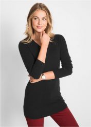 Długi sweter basic z dekoltem w serek. Czarne swetry bonprix, bez wzorów, z dzianiny, bez ramiączek. Za 82.99 zł.