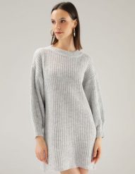Sukienka z wełną. Szare sukienki Unisono, s, bez wzorów, z dzianiny, bez kołnierzyka, bez ramiączek, mini. Za 179.00 zł.