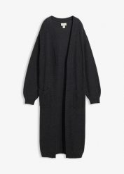 Długi kardigan z obniżoną linią ramion. Szare swetry bonprix, bez wzorów, bez ramiączek. Za 129.99 zł.