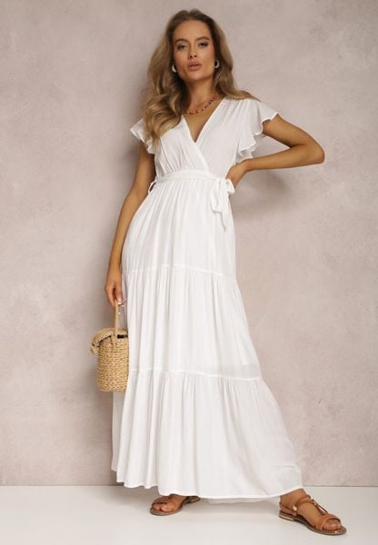 Biała Sukienka Tantysus. Białe sukienki Renee, na co dzień, l, bez wzorów, z materiału, bez kołnierzyka, bez ramiączek, maxi, kopertowe. Za 109.99 zł.