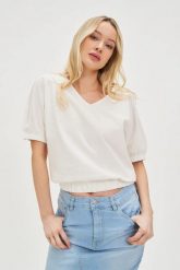 Bawełniana bluzka z bufiastymi rękawami biała. Białe bluzki MOODO, l, bez wzorów, z bawełny, bez kołnierzyka, bez ramiączek. Za 54.99 zł.